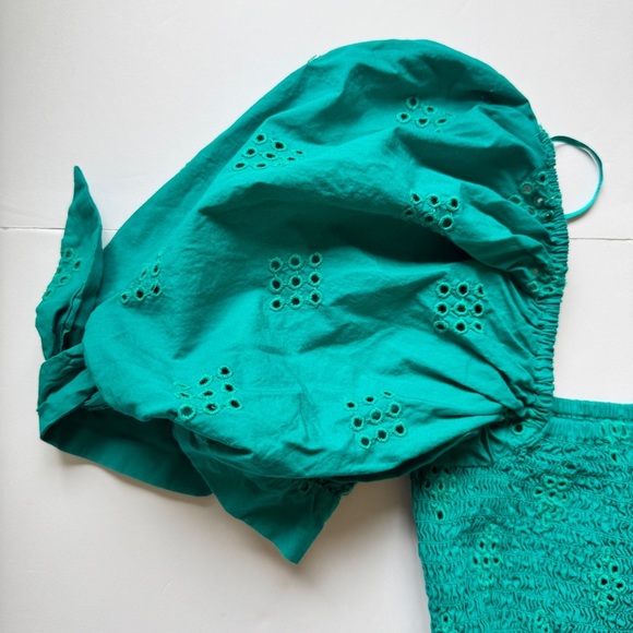 Zara Smocked Cropped Top Eyelet Ruffle Trim Green Puff Sleeve Boho Square Sz XS - Picture 10 of 14